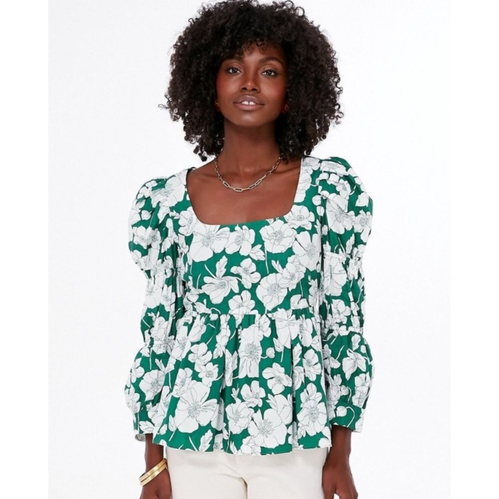 Tuckernuck Green and White Floral Puff-Sleeve Blouse
